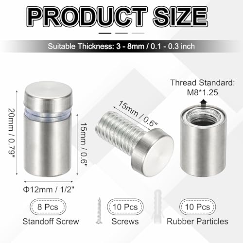 PATIKIL 1/2x0.79" Standoff Screws, 8 Pack Stainless Steel Stand Off Wall Mounts Wall Sign Mounting Hardware Advertising Standoff Nail for Hanging Acrylic Signs Picture Frame, Silver - size: 1/2x0.79"