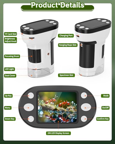 1000X Handheld Microscope for Kids, 2.0" Screen Pocket Microscope, Adjustable LED Screen Rechargeable, Toys for Christmas Birthday Gifts Toys Portable Edu Gift Age 4-6 8-12 Children Students