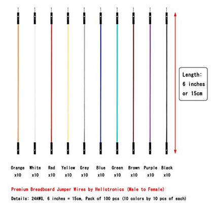 Breadboard Jumper Wires Male to Female 6'' Length 0.1'' Square Head 100-Pack 10 Colors 24AWG by Hellotronics (15CM, 1P M/F) - color: 1P Male-Female, 15CM, size: Length 6'' / 15CM
