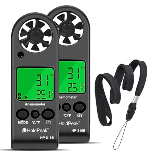 HOLDPEAK Small Digital Anemometer 2PCS, 816B 0.3~30m/s Handheld Wind Speed Gauge for Outdoor, Digital Wind Speed Meter for Wind Velocity, Temperature℃/℉ with Backlight, Wind Chill Indicator, MAX/AVG - color: HP-816B-2PCS