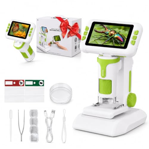 1600X Microscope for Kids, 4K 4.0" Digital Screen Kids Microscopes with Slides Kit, Handheld Microscope, Science Kits for Kids, STEM Toys for Christmas Birthday Gifts for 3-14 Girls Boys Child (Green) - color: Green
