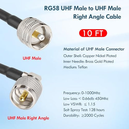 MOOKEERF CB Coax Cable - 10FT RG58 UHF PL-259 Male to Male Right Angle Coaxial Cable Low Loss Cb Antenna Cable Jumper Cable for CB Radio, HAM Radio, Antenna Analyzer, SWR Meter - size: 10FT