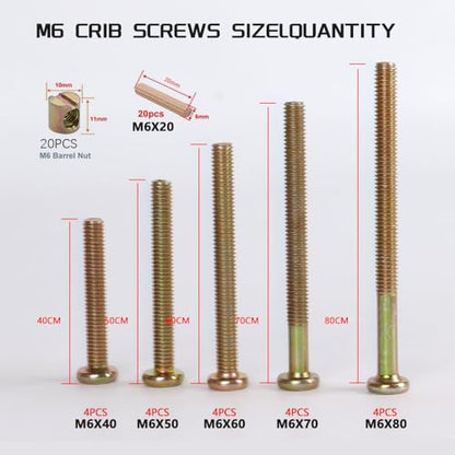 Baby Bed Frame Bolts, Crib Screws Hardware ReplacementKit M6x20/40/60/80mm Hex Drive Socket Cap Screws Barrel Nuts Wooden Dowel Kit for Beds Chairs Furniture et (Bronze 20set) - size: Bronze 20set