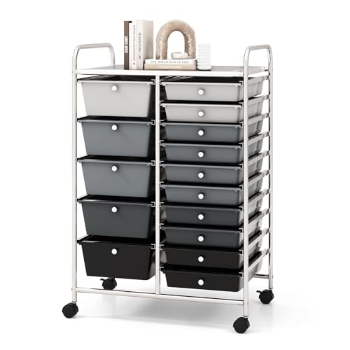 COSTWAY 15 Drawer Rolling Storage Cart, Mobile Storage Organizer - color: Mixed Black, size: 15 Drawer