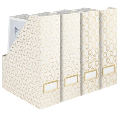 BLU MONACO | Cardboard Magazine File Holder Set of 4 | Vertical Magazine File Holder for Desk and Shelves | Cream Gold Foldable Magazine Holders with Label Slots - color: Cream Gold Woven