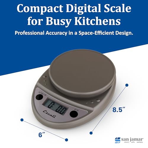 "Escali Primo Digital Kitchen Scale –SCDG11M Digital Food Scale Grams and Ounces for Cooking, Baking, Restaurants, Compact Design, Battery Operated, Removable Platform, 11lb/5kg, Metallic Gray"
