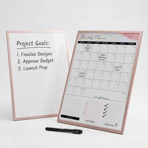 Magnetic Dry Erase Board 12x16 with Handle, Double Sided Portable Rose Gold Whiteboard for Home, Office, School & Kitchen, Includes Weekly & Monthly Magnetic Planner Sheets - style: Rose Gold Handle + Planner