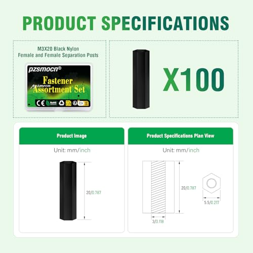 100pcs M3x20mm Nylon Black Female-Female Hex Standoff Spacer Kit - size: M3*20 mm, style: Black Female-Female Hex Standoff
