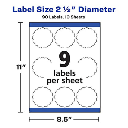 Avery Scallop 2.5 Inch Round Labels with Sure Feed for Laser & Inkjet Printers, 90 White Labels (8218) - color: Matte White, size: 2.5", style: 90 labels