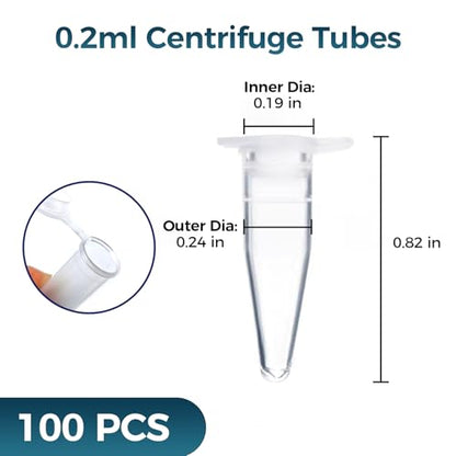 100Pack 0.2ml Conical Centrifuge Tubes with Snap Cap, Small Sterile Microcentrifuge Tube Test Vials Plastic Sample Storage Container, Clear Graduated Non-Pyrogenic, DN/RNase Free for Lab - size: 0.2ML-100PACK