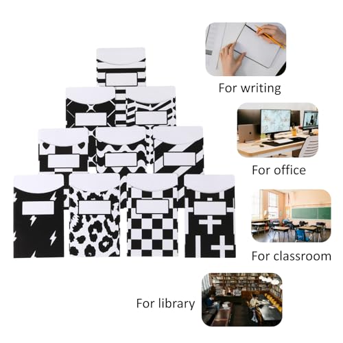 50 Pcs Black & White Classroom Jobs Bulletin Board Pocket Chart Set 10 Unique Designs Library Pockets 3.5x5 Inches Card Stock Envelopes with Adhesive Dots for Back to School Classroom - color: Black N White, size: 3.5x5 IN - 50 Count