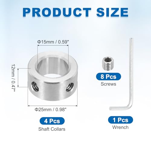 MECCANIXITY 4 Pcs Shaft Collars, 15mm Bore Solid Stainless Steel Set 2 Screw Shaft Collar 25mm OD 12mm Thickness for Motor Garden Cart Pulley Machinery and Industrial Use - size: 15mm ID 25mm OD 12mm H with 2 Screw