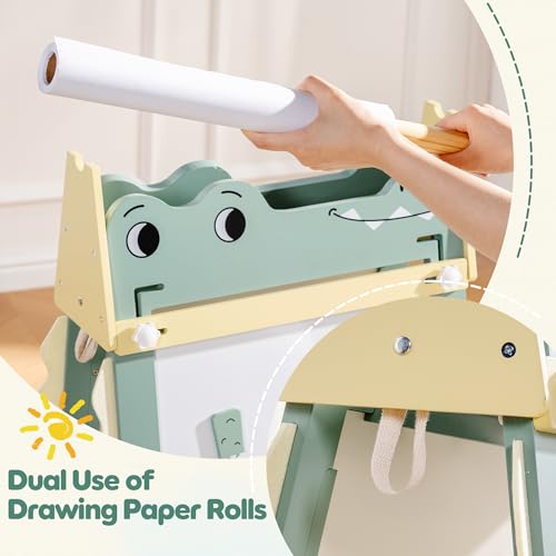ROBOTIME Alligator Easel for Kids - 3-in-1 Adjustable Height Wooden Children Easel with Magnetic Whiteboard, Chalkboard & Paper Roll Holder, Fun Kid's Art Station for Boys & Girls Ages 3~12 Years