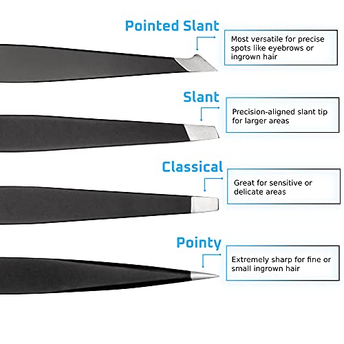 Rikans Precision Tweezers Set – Pack of 4 Black Professional Tweezers – Handy Carry Pouch – Superior Stainless Steel Tweezer Set – Splinters, Eyebrows, Facial or Ingrown Hair – Blackheads Remover