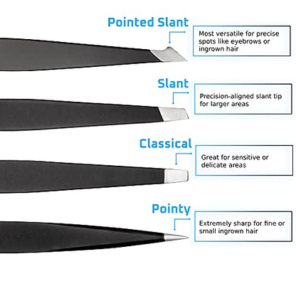 Rikans Precision Tweezers Set – Pack of 4 Black Professional Tweezers – Handy Carry Pouch – Superior Stainless Steel Tweezer Set – Splinters, Eyebrows, Facial or Ingrown Hair – Blackheads Remover