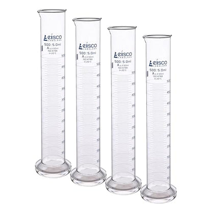 Graduated Cylinder, 500ml - Class A Tolerance ±2.50ml - Round Base - Blue Graduations - Borosilicate 3.3 Glass - Eisco Labs (Pack of 4) - size: 500mL (Pack of 4)