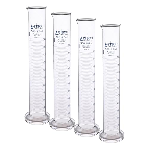 Graduated Cylinder, 500ml - Class A Tolerance ±2.50ml - Round Base - Blue Graduations - Borosilicate 3.3 Glass - Eisco Labs (Pack of 4) - size: 500mL (Pack of 4)