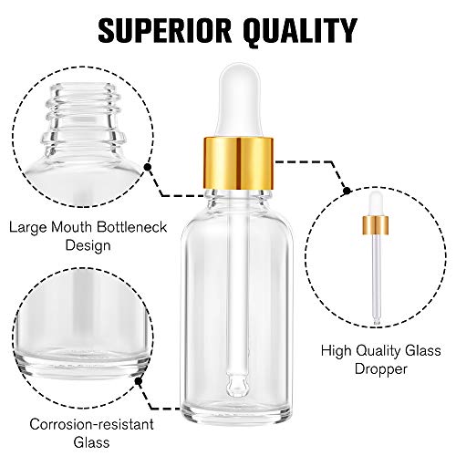 PrettyCare Glass Eye Dropper Bottles 2oz (60ml), 63 Pack Clear Empty Thick Bottles Bulk with Leakproof Golden Caps - With Labels & Funnels for for Storage, Travel,Essential Oils, DIY Serums, Tincture - color: 2oz Clear, style: 63 Pack