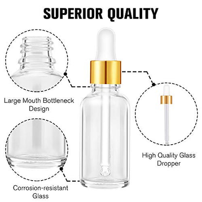 PrettyCare Glass Eye Dropper Bottles 2oz (60ml), 63 Pack Clear Empty Thick Bottles Bulk with Leakproof Golden Caps - With Labels & Funnels for for Storage, Travel,Essential Oils, DIY Serums, Tincture - color: 2oz Clear, style: 63 Pack