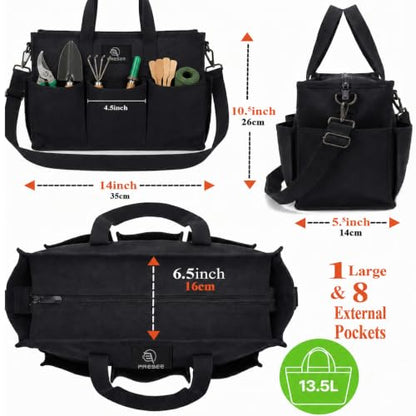 Garden Tool Bag with 9 Pockets & Shoulder Strap, Heavy Duty Gardening Tote Organizer for Tools, Gloves & Supplies, Black