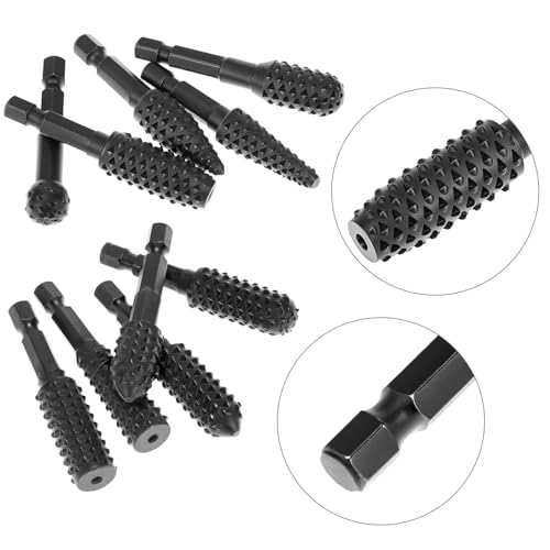 QWORK 10 Pieces Rotary Burr Wood Carving Rasp Files Set - 1/4" Hex Shank, Precision Milled, for Wood Plastic Engraving Deburring