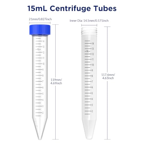 Conical Centrifuge Tubes 15mL, 50 Pcs Sterile Test Tubes with Screw Cap - size: 15mL