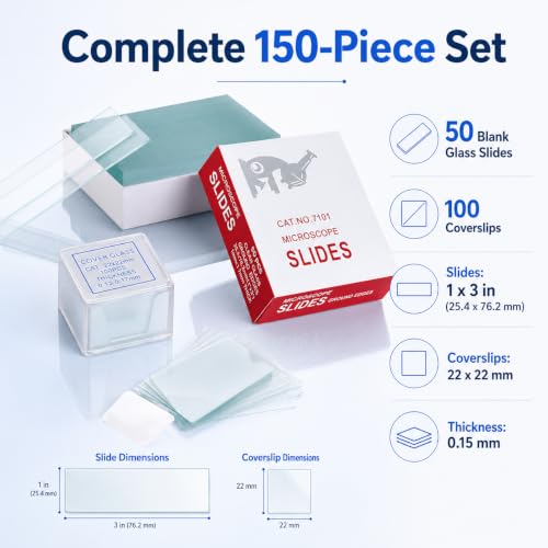 Microscope Slides and Covers – 50 Blank Glass Slides for Microscope with 100 Coverslips – Ground Edge Glass Slides, Perfect for Microscopy Experiments and Analysis – Compatible with Most Microscopes