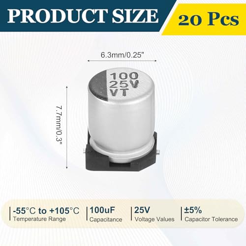 MECCANIXITY 100uF 25V Aluminum Electrolytic Capacitors, 6.3x7.7mm, 20pcs - size: 6.3x7.7mm, style: 100uF 25V