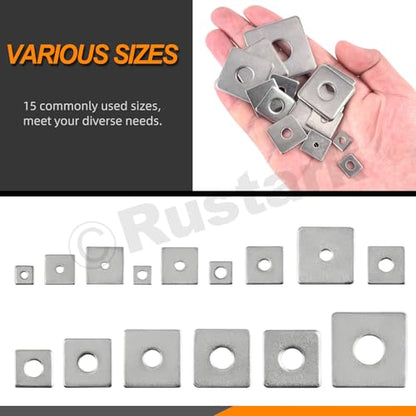100Pcs 15 Sizes M3-M14 304 Stainless Steel Square Plate Washers Assortment Kit Square Bearing Plate Washer Square Washer Flat Washer Fastener for Construction and Industrial Equipment