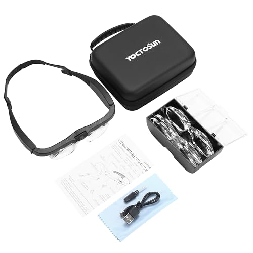 YOCTOSUN Magnifying Headset with 3 LED Lights, Storage Case, Head Strap and 4 Detachable Lense 1.5X, 2.5X, 3.5X, 5X, Magnifying Glasses for Close Work, Jewelry, Hobby, Crafts
