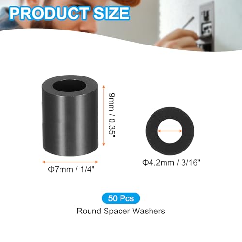 PATIKIL 50Pcs ABS Spacers 4mm ID, 7mm OD, 9mm Height Plastic Round Stud Spacer Black Nylon Washers Nut Unthreaded Rubber for M4 Screws Bolts Barrel - size: 4mm ID, 7mm OD, 9mm Height