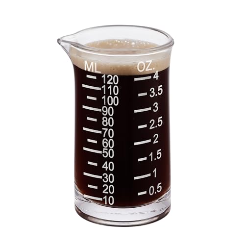 Ackers Shot Glass Etching Scale Measuring Cup 4 Ounce/120ML Liquid Heavy High Espresso Glass Cup,V-Shaped Spout - color: White Etching Scale (Pack of 1)