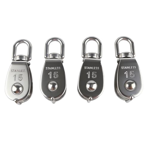 4Pcs M15 Stainless Steel Single Pulley Block Silver Wire Rope Hanging Towing Wheel Lifting Crane Swivel Pulley - size: M15-4PCS