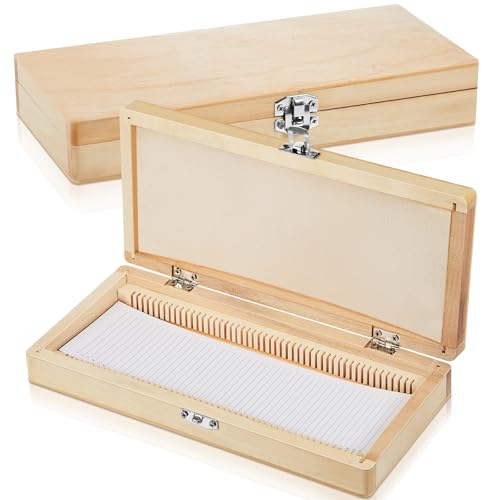 Wonderjune 2 Pack Wooden Microscope Slide Storage Box, 50-Place Microscope Slide Holder Case for 25 x 75 mm / 1 x 3 Inch Prepared Slides, Numbered Slots, Lab Classroom Storage