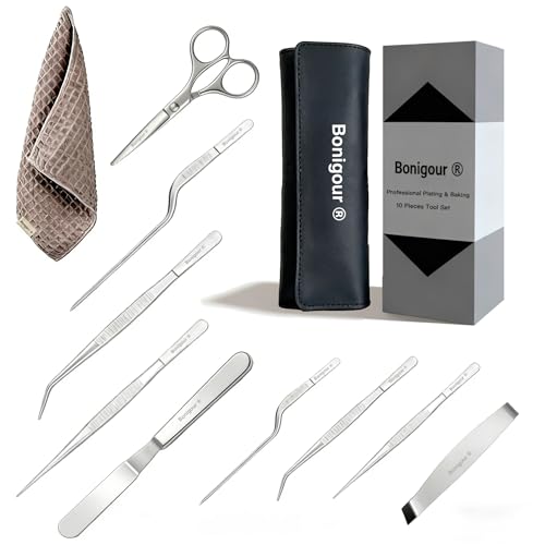 | Pastry Chef's Plating Tools Culinary Set | 10 Piece Professional Pastry Chef Plating Utensils | Spatula, Tweezers, Chef Scissors for Biscuit Decoration, Platig | Stainless Steel (Silver) - color: Silver