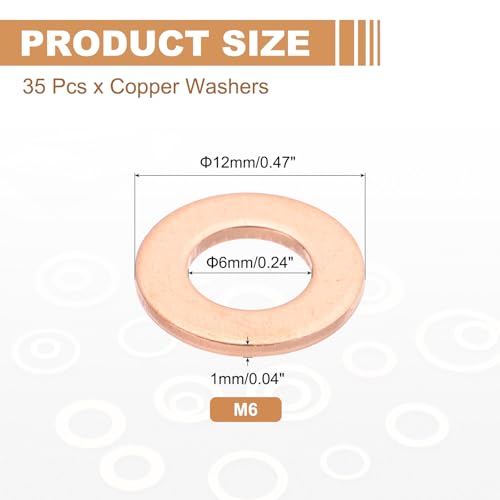 PATIKIL 35PCS M6 Copper Washers, M6x12x1mm Copper Crush Washer Metric Flat Washers Sealing Washers Assortment Kit Oil Drain Plug Gasket Ring for Automotive Battery Vehicles Screws Bolt - size: M6x12x1mm