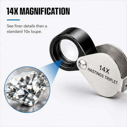 14X Hastings Jewelers Loupe, Mini Triplet Loupe with 12mm Triplet Lens, Stainless Steel Body, Foldable Design, Protective Pouch, Pocket Size Jewelry Loop Magnifier for Gemstone & Coin Collecting