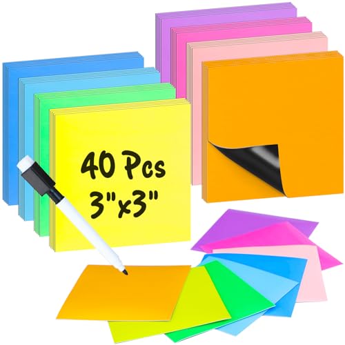 MAXECHO 40 Pcs 3" x 3" Reusable Magnetic Sticky Notes Dry Erase Magnet Sheets Set, Easy to Post Labels with Marker for Whiteboard, Multicolor Stickers for White Board, Fridge, Locker - color: Bright Multicolor