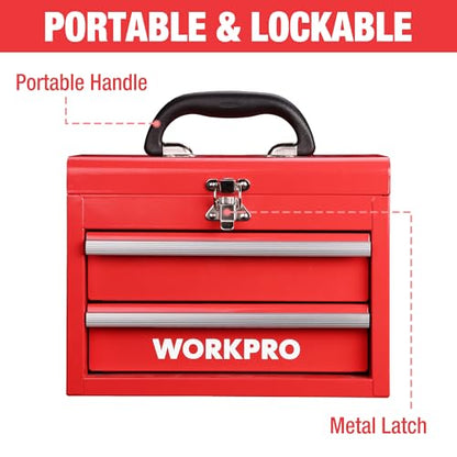 WORKPRO Portable Mini Metal Tool Box with 2 Drawers - color: Red