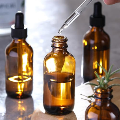 4 Pack, 2 oz Bottles with Dropper & 1 Funnel & 4 Labels - Essential Oils Bottles for Health, Personal Care & Beauty - 60ml Thick Dark Amber Glass Tincture Bottles, Refillable Cosmetic Containers - color: Amber with Eye Droppers