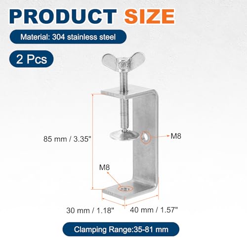 HARFINGTON 2Pcs 304 Stainless Steel C Clamps 85mm with Press Screw,Silver - size: 85mm