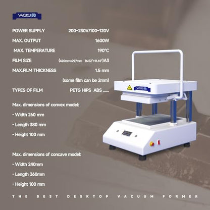 A3(297mm×420mm/16.54x11.69in) The Desktop Vacuum Forming Machine Create Prototypes Molds and Casts in Classroom Kitchen Does not Need Any External Device Realize Your idea on Your Desk