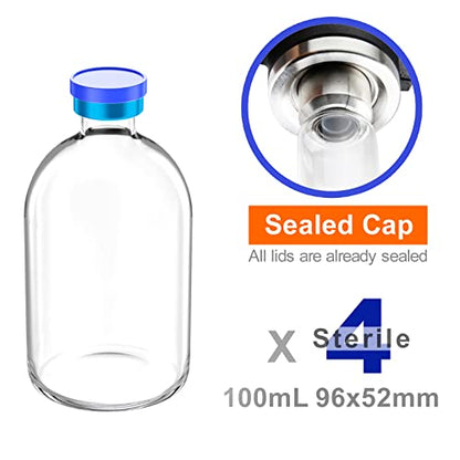 Sterile Empty Vials with Self Healing Injection Port and Aluminum Plastic Cap,Sterile Package (100ml Clear 4PCS) - size: 100ml Clear 4PCS