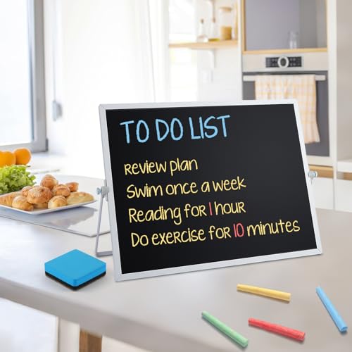 Small Magnetic Chalk Board Easel 16"X12", Double-Sided Tabletop & Wall Hanging Chalkboard with 4 Chalks & Eraser, Desktop Mini Black Board Sign for Office Desk Home Menu and School - size: 16"X12"