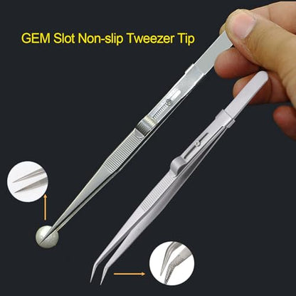 4 Pieces Diamond Tweezers Professional Jewelry Gem Tweezers Precision Tweezers Stainless Steel Pointed Tip Tweezers with Slide Locking and Gem Slot for jewelry making