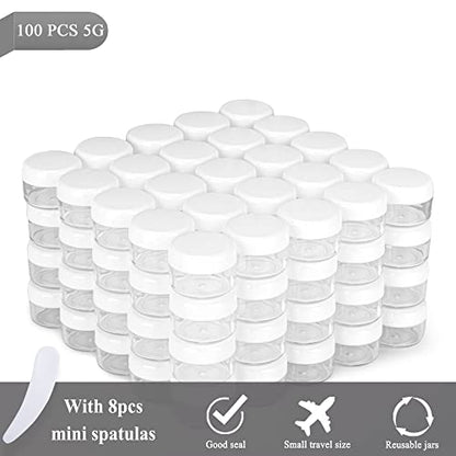 100PCS 5 Gram Sample Containers, 5ml Empty Jars with Lids, Small Cosmetic Containers, Mini Sample Jars with 8PCS Mini Spatulas for Make Up, Oils, Lotion, Powder, Paint, Jewelry, Lip Balms(White Lid) - color: White, size: 100 Count