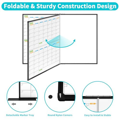 JILoffice Magnetic Foldable Dry Erase Calendar Whiteboard, 2 Month Calendar Board & White Board 72 X 40 Inch, Black Aluminum Frame Wall Mounted Board for Office Home and School - color: Black, size: 72"W x 40"H