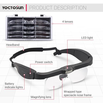 YOCTOSUN Magnifying Headset with 3 LED Lights, Storage Case, Head Strap and 4 Detachable Lense 1.5X, 2.5X, 3.5X, 5X, Magnifying Glasses for Close Work, Jewelry, Hobby, Crafts