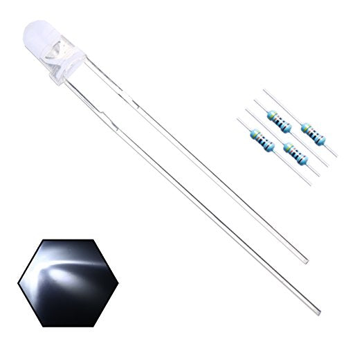 100pcs 3mm White Blinking LED Diodes 1.5Hz Flash (Single Color Flashing) Clear Round Lens 29mm Lead DC 3V Blink Bulb Lamp Light Emitting Diode +100pcs Resistors (430ohm for DC 6-12V) Included - color: [03] White / 100pcs, style: [C] 3mm Blinking Light