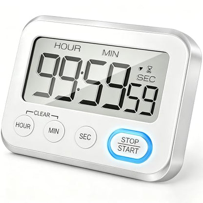 Digital Kitchen Timer Magnetic Loud Alarm, Large LCD Screen Silent/Beeping Multi-Function for Teachers Classroom Kids, Silver - color: Silvery